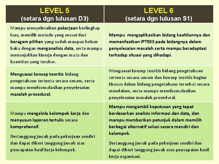 LEVEL 5 LEVEL 6 (setara dgn lulusan D 3) (setara dgn lulusan S 1) LEVEL 5 LEVEL 6 (setara dgn lulusan D 3) (setara dgn lulusan S 1)