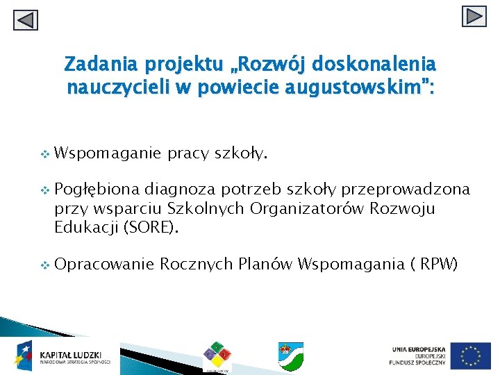 Zadania projektu „Rozwój doskonalenia nauczycieli w powiecie augustowskim”: v v v Wspomaganie pracy szkoły.