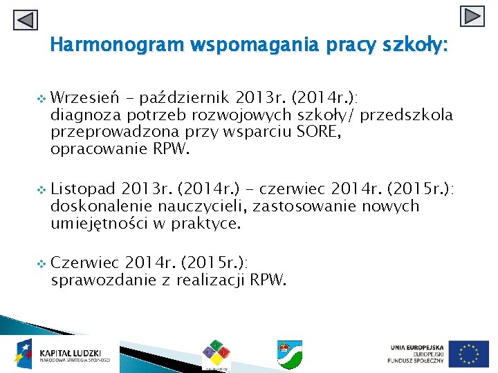 Harmonogram wspomagania pracy szkoły: v v v Wrzesień - październik 2013 r. (2014 r.