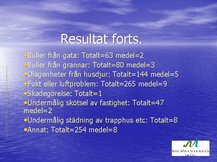 Resultat forts. • Buller från gata: Totalt=63 medel=2 • Buller från grannar: Totalt=80 medel=3