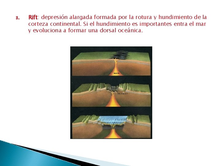 3. Rift: depresión alargada formada por la rotura y hundimiento de la corteza continental.