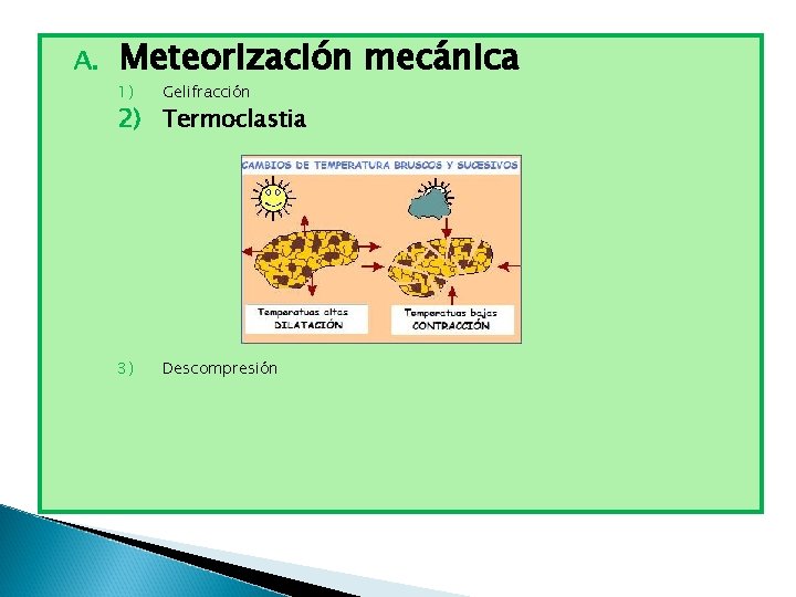 A. Meteorización mecánica 1) Gelifracción 3) Descompresión 2) Termoclastia 