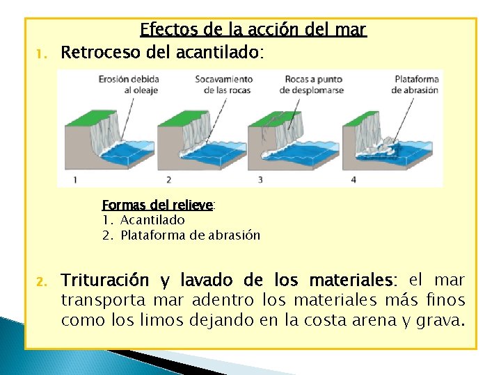 1. Efectos de la acción del mar Retroceso del acantilado: Formas del relieve: 1. 1. Efectos de la acción del mar Retroceso del acantilado: Formas del relieve: 1.