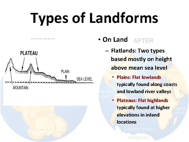 Types of Landforms • On Land – Flatlands: Two types based mostly on height