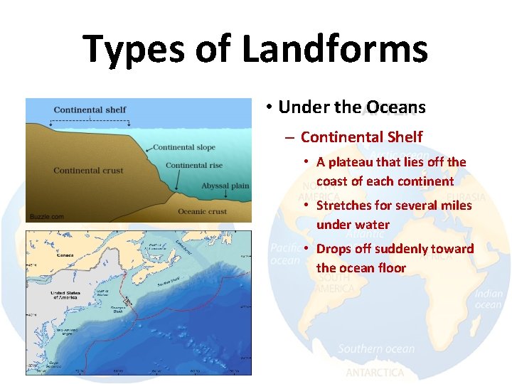 Types of Landforms • Under the Oceans – Continental Shelf • A plateau that