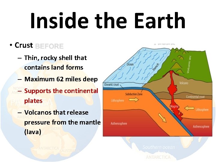 Inside the Earth • Crust – Thin, rocky shell that contains land forms –