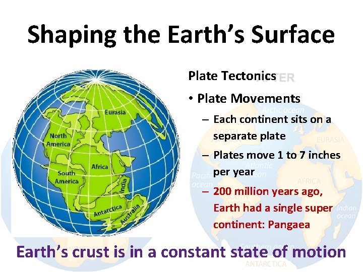 Shaping the Earth’s Surface Plate Tectonics • Plate Movements – Each continent sits on