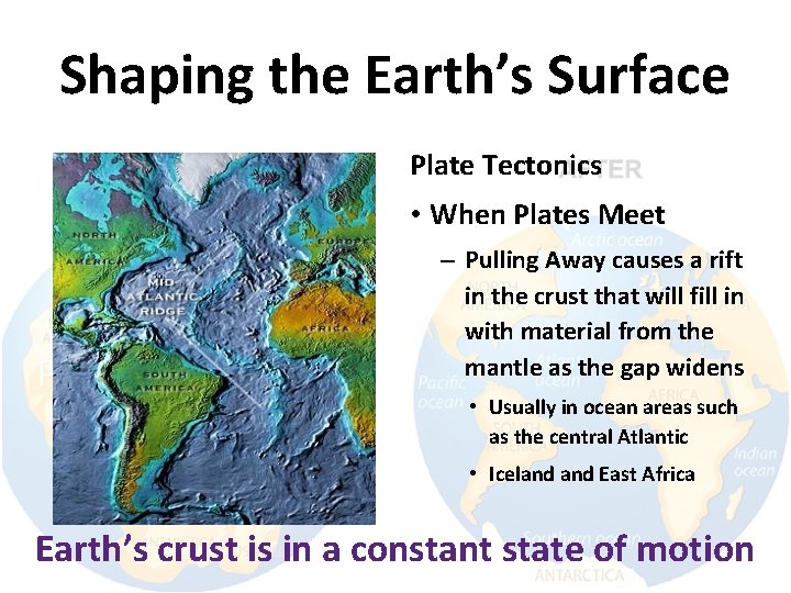 Shaping the Earth’s Surface Plate Tectonics • When Plates Meet – Pulling Away causes Shaping the Earth’s Surface Plate Tectonics • When Plates Meet – Pulling Away causes