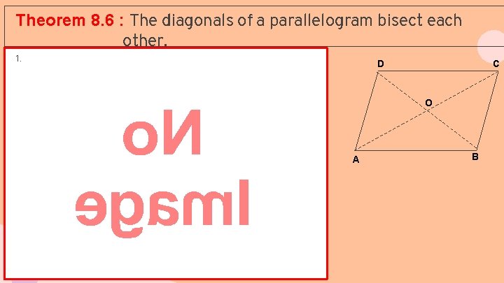 Theorem 8. 6 : The diagonals of a parallelogram bisect each other. 1. D