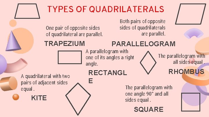 TYPES OF QUADRILATERALS One pair of opposite sides of quadrilateral are parallel. TRAPEZIUM Both