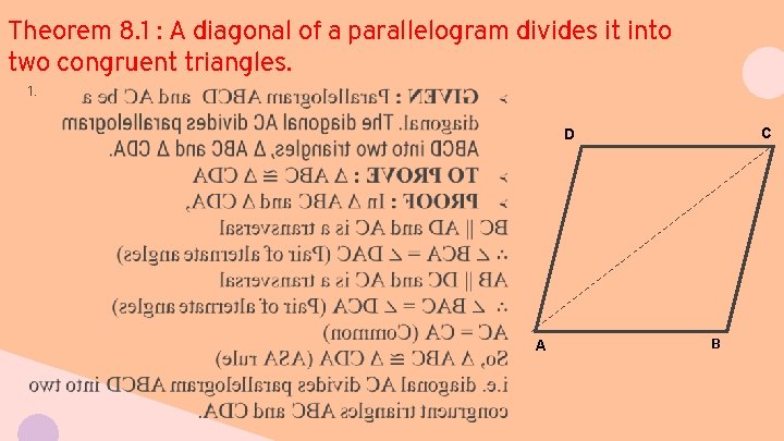 Theorem 8. 1 : A diagonal of a parallelogram divides it into two congruent