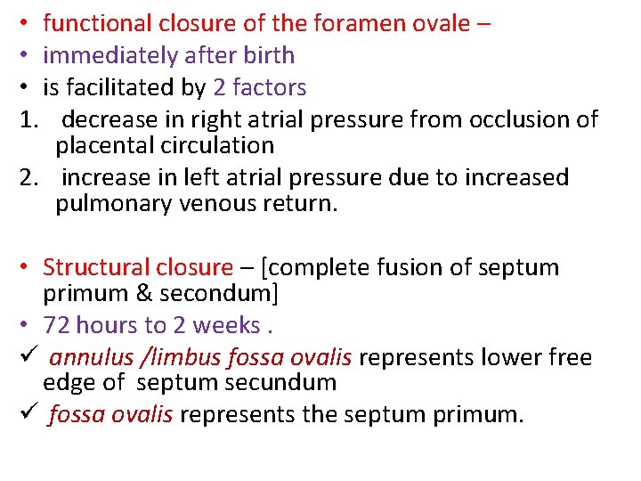  • functional closure of the foramen ovale – • immediately after birth •