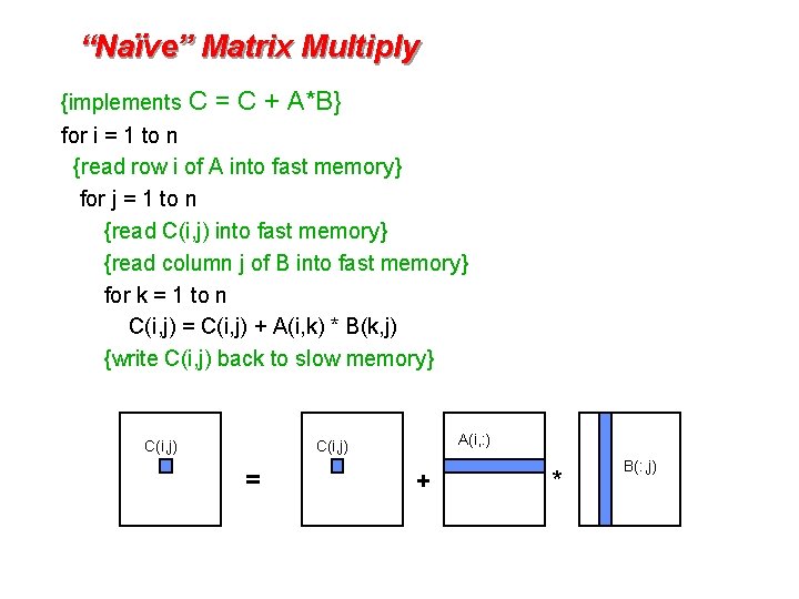 “Naïve” Matrix Multiply {implements C = C + A*B} for i = 1 to