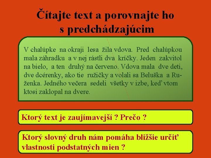 Čítajte text a porovnajte ho s predchádzajúcim V chalúpke na okraji lesa žila vdova.