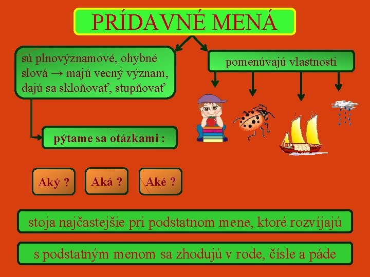 PRÍDAVNÉ MENÁ sú plnovýznamové, ohybné slová → majú vecný význam, dajú sa skloňovať, stupňovať