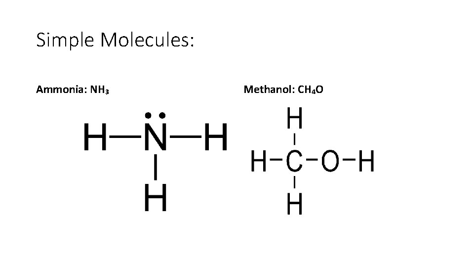 Simple Molecules: Ammonia: NH₃ Methanol: CH₄O 
