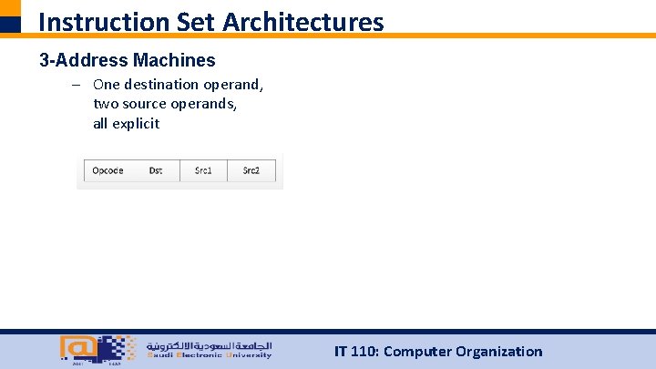 Instruction Set Architectures 3 -Address Machines – One destination operand, two source operands, all