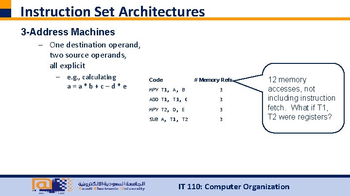 Instruction Set Architectures 3 -Address Machines – One destination operand, two source operands, all