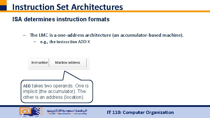 Instruction Set Architectures ISA determines instruction formats – The LMC is a one-address architecture