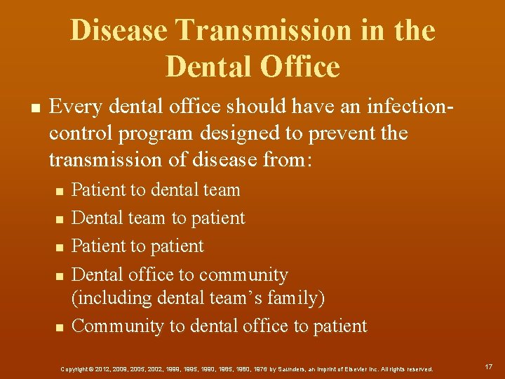 Disease Transmission in the Dental Office n Every dental office should have an infectioncontrol