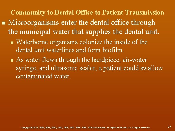 Community to Dental Office to Patient Transmission n Microorganisms enter the dental office through