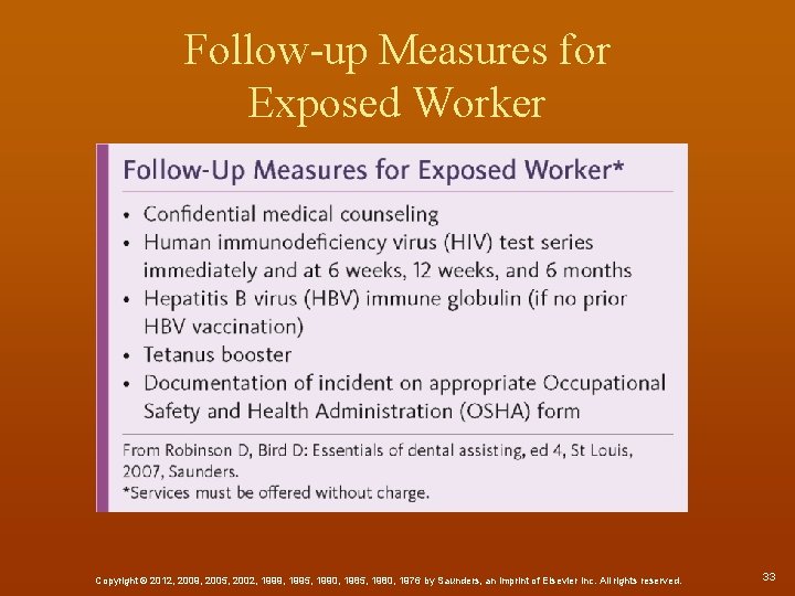 Follow-up Measures for Exposed Worker Copyright © 2012, 2009, 2005, 2002, 1999, 1995, 1990,