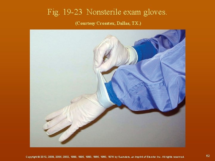 Fig. 19 -23 Nonsterile exam gloves. (Courtesy Crosstex, Dallas, TX. ) Copyright © 2012,