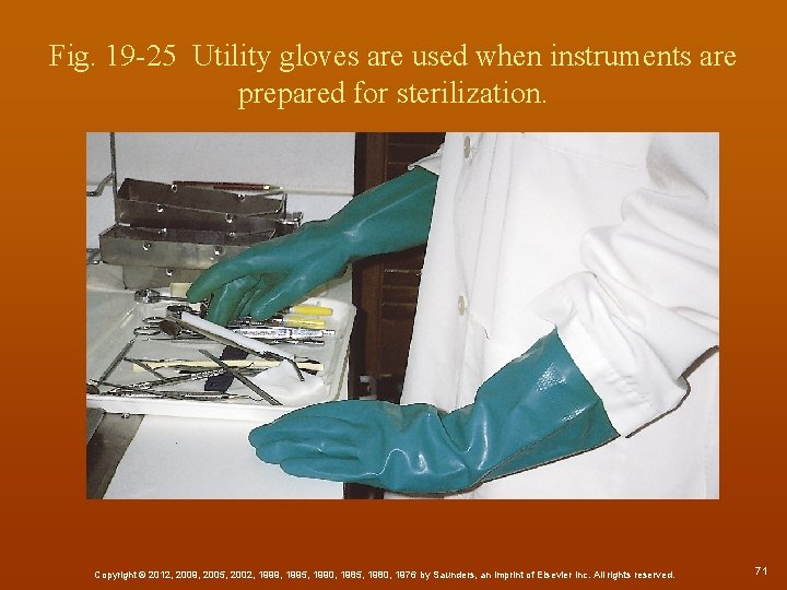 Fig. 19 -25 Utility gloves are used when instruments are prepared for sterilization. Copyright