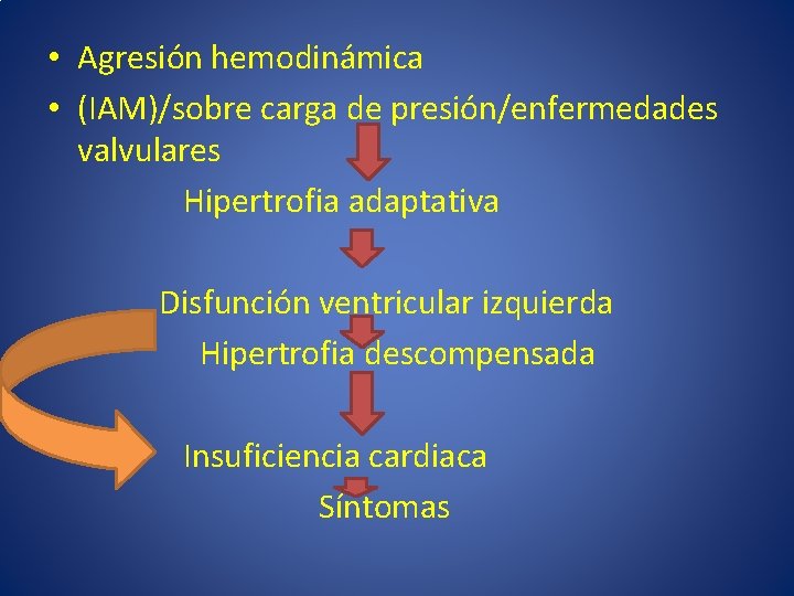  • Agresión hemodinámica • (IAM)/sobre carga de presión/enfermedades valvulares Hipertrofia adaptativa Disfunción ventricular