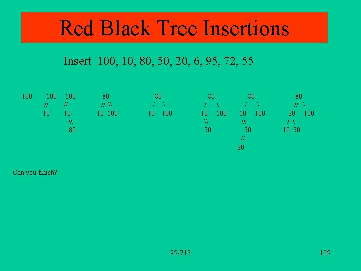 Red Black Tree Insertions Insert 100, 10, 80, 50, 20, 6, 95, 72, 55