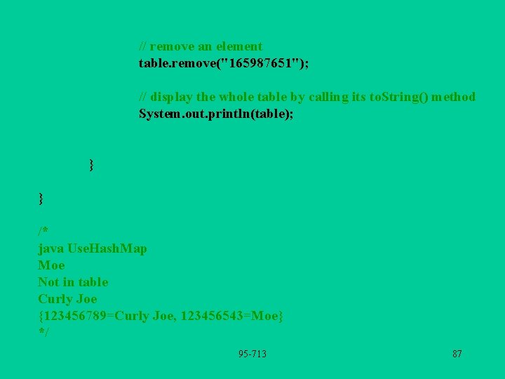 // remove an element table. remove("165987651"); // display the whole table by calling its