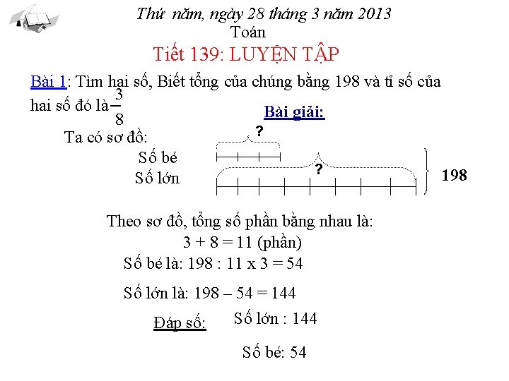 Thứ năm, ngày 28 tháng 3 năm 2013 Toán Tiết 139: LUYỆN TẬP Bài