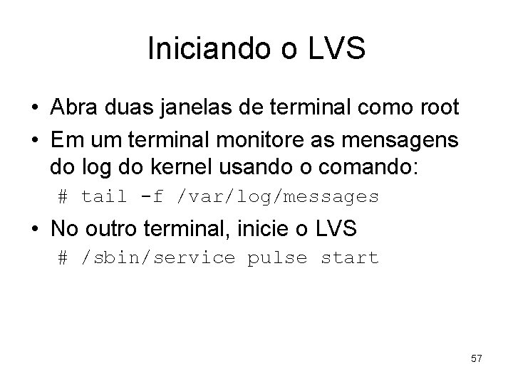 Iniciando o LVS • Abra duas janelas de terminal como root • Em um