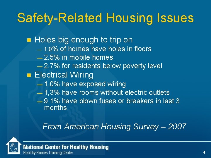 Safety-Related Housing Issues n Holes big enough to trip on of homes have holes