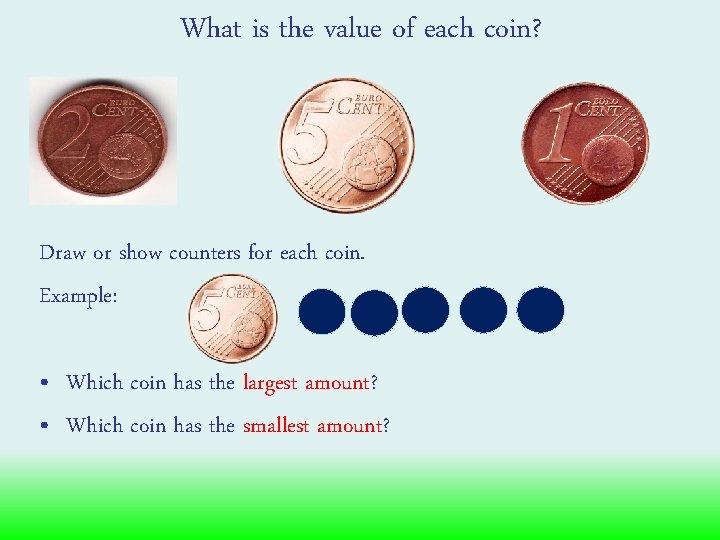 What is the value of each coin? Draw or show counters for each coin.