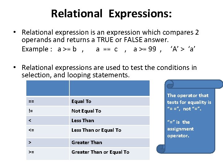 Relational Expressions: • Relational expression is an expression which compares 2 operands and returns