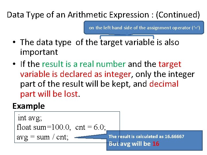 Data Type of an Arithmetic Expression : (Continued) on the left hand side of