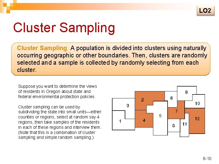 LO 2 Cluster Sampling: A population is divided into clusters using naturally occurring geographic