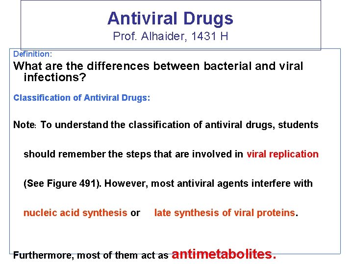 Antiviral Drugs Prof. Alhaider, 1431 H Definition: What are the differences between bacterial and