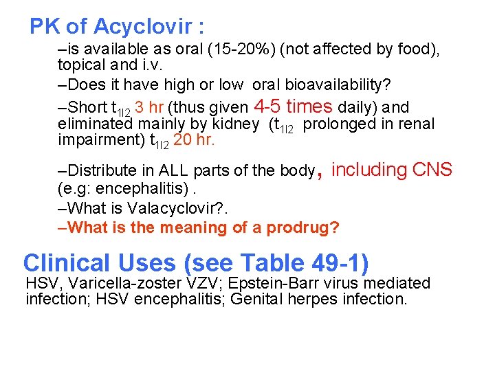 PK of Acyclovir : –is available as oral (15 -20%) (not affected by food),