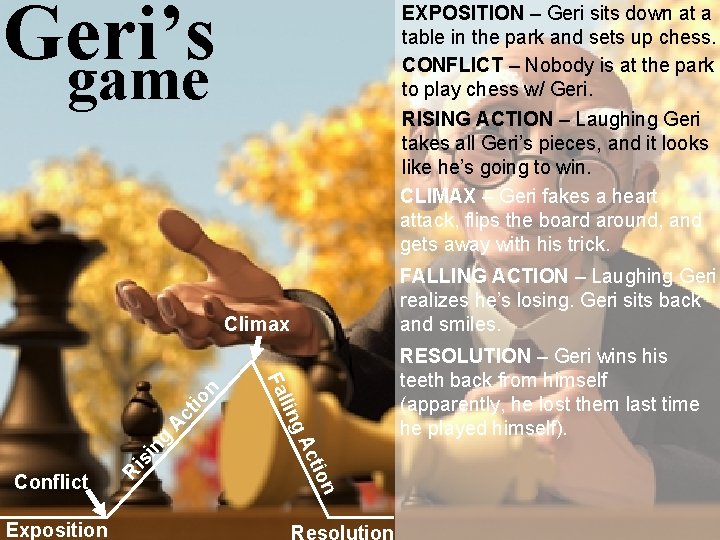 Geri’s game EXPOSITION – Geri sits down at a table in the park and