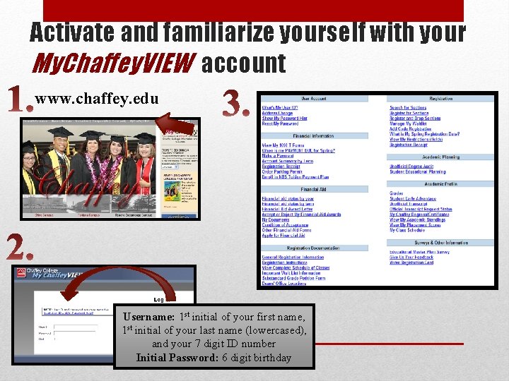 Activate and familiarize yourself with your My. Chaffey. VIEW account www. chaffey. edu Username:
