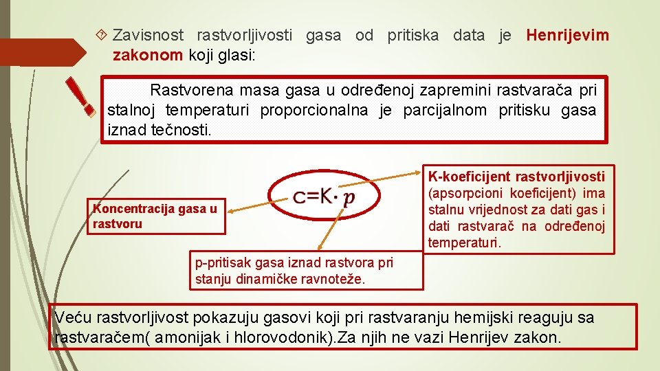 ! Zavisnost rastvorljivosti gasa od pritiska data je Henrijevim zakonom koji glasi: Rastvorena masa