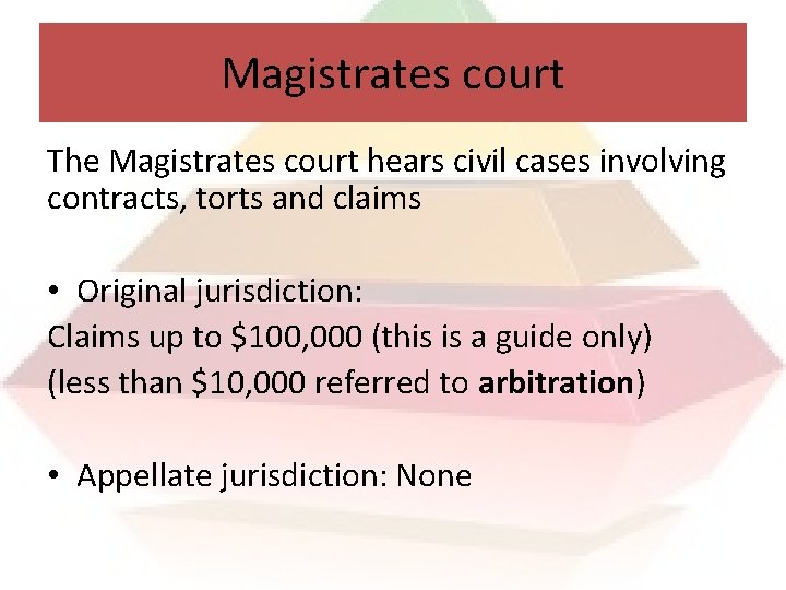 Magistrates court The Magistrates court hears civil cases involving contracts, torts and claims •
