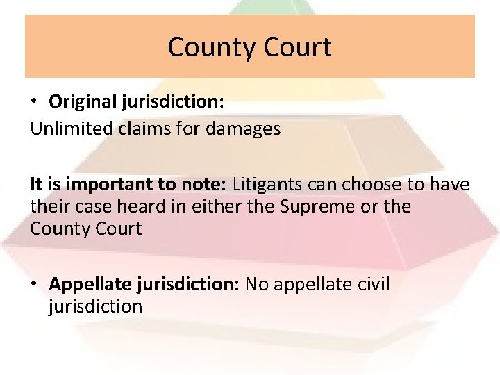 County Court • Original jurisdiction: Unlimited claims for damages It is important to note: