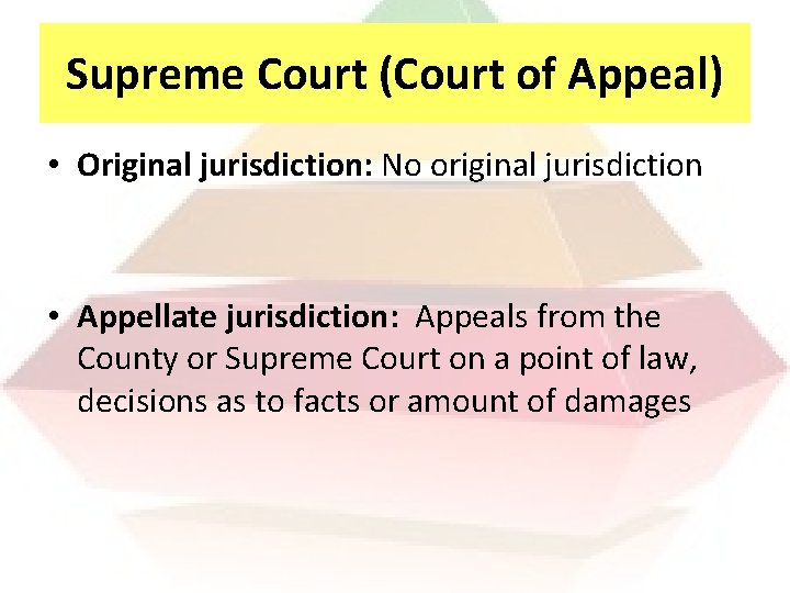 Supreme Court (Court of Appeal) • Original jurisdiction: No original jurisdiction • Appellate jurisdiction: