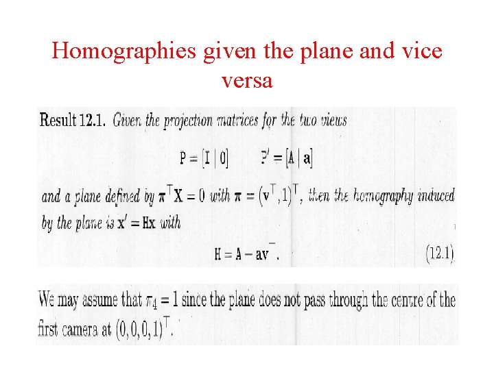 Homographies given the plane and vice versa 