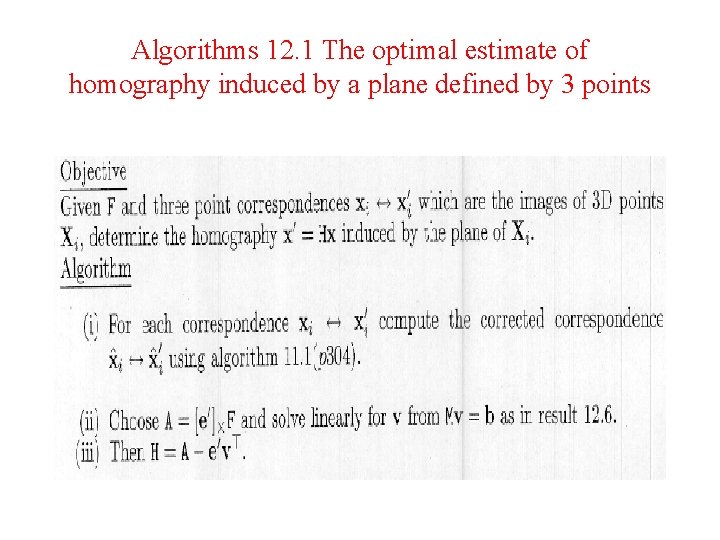 Algorithms 12. 1 The optimal estimate of homography induced by a plane defined by