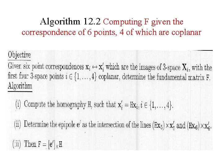 Algorithm 12. 2 Computing F given the correspondence of 6 points, 4 of which