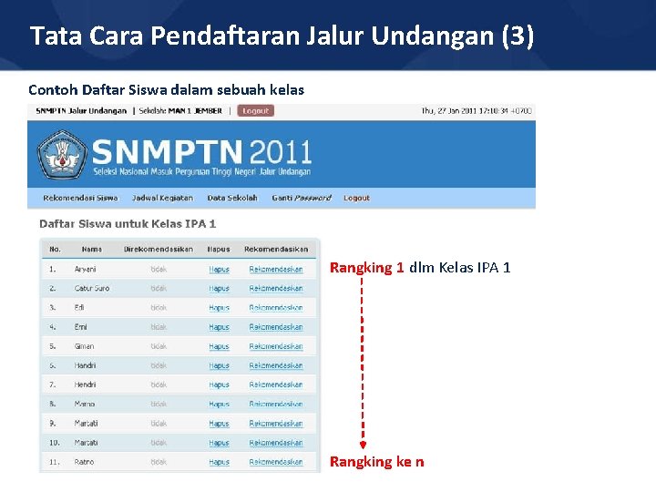 Tata Cara Pendaftaran Jalur Undangan (3) Contoh Daftar Siswa dalam sebuah kelas Rangking 1